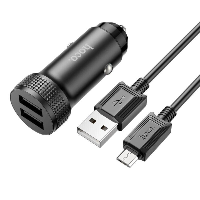 Адаптер автомобільний HOCO Micro USB Cable Level dual port car charger Z49 2 USB 12W набір чорний від компанії da1 - фото 1