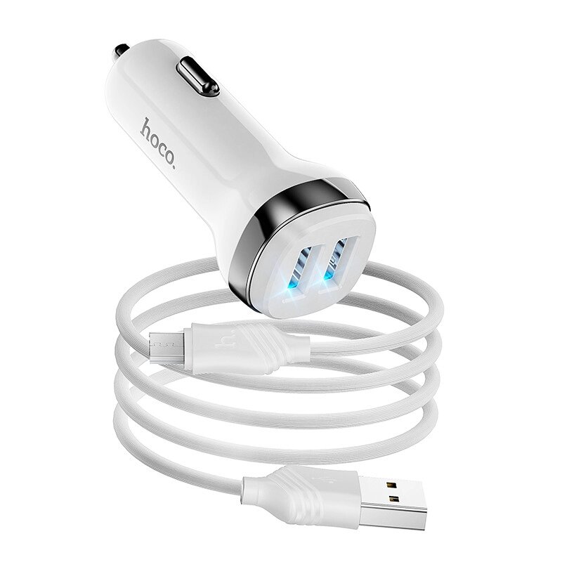 Адаптер автомобільний HOCO Z40 Superior dual port car charger set with Micro USB Cable комплект білий від компанії da1 - фото 1