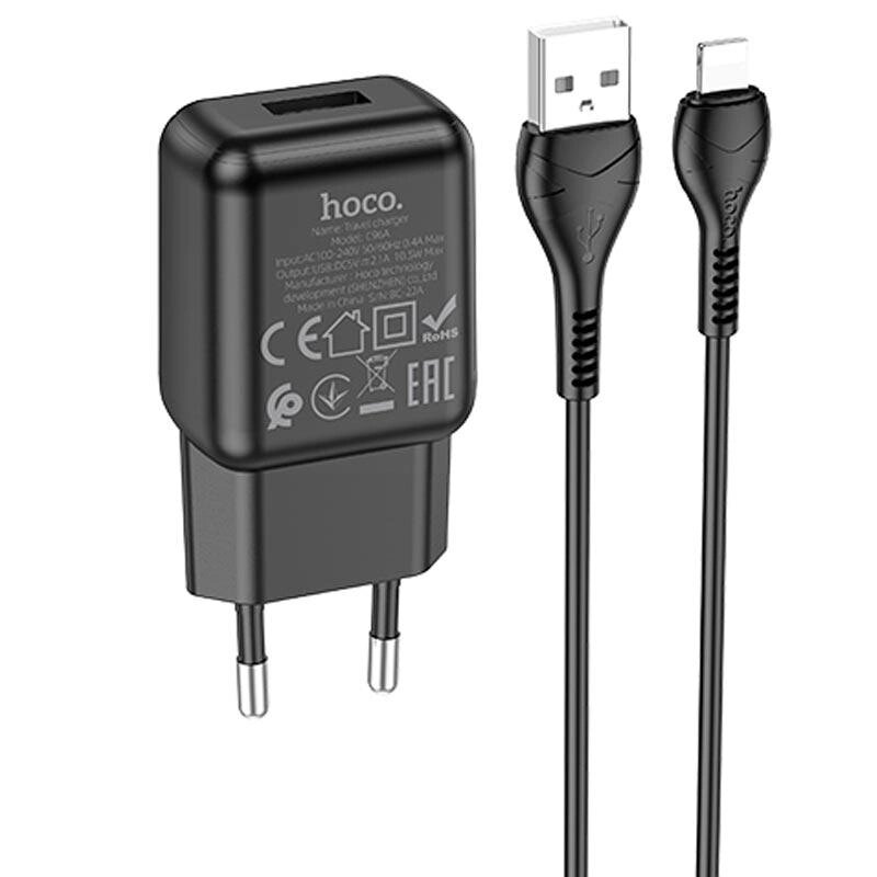 Адаптер мережевий HOCO Lightning cable single port charger set C96A чорний від компанії da1 - фото 1