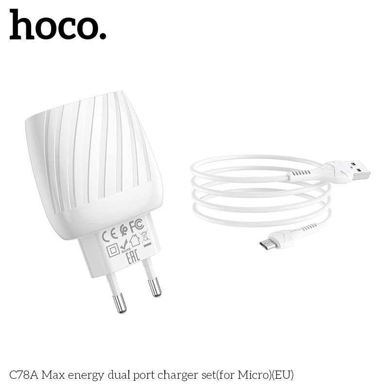 Адаптер мережевий HOCO Micro USB Cable Max energy C78A  2USB, 2.4A від компанії da1 - фото 1