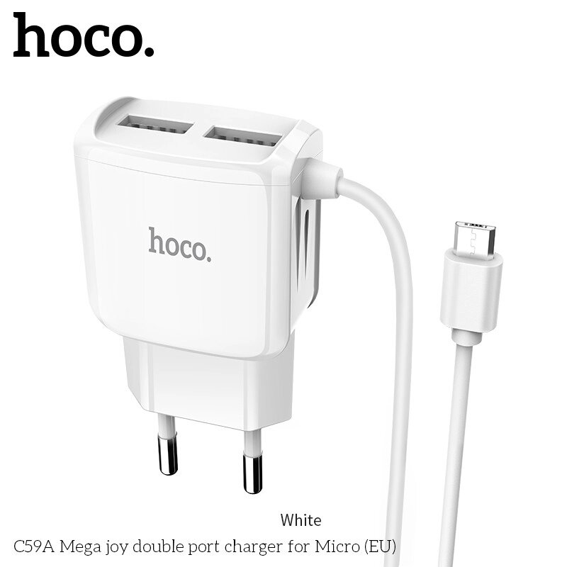 Адаптер сетевой HOCO Micro USB cable Mega Joy C59A  |2USB, 2.1A| від компанії da1 - фото 1