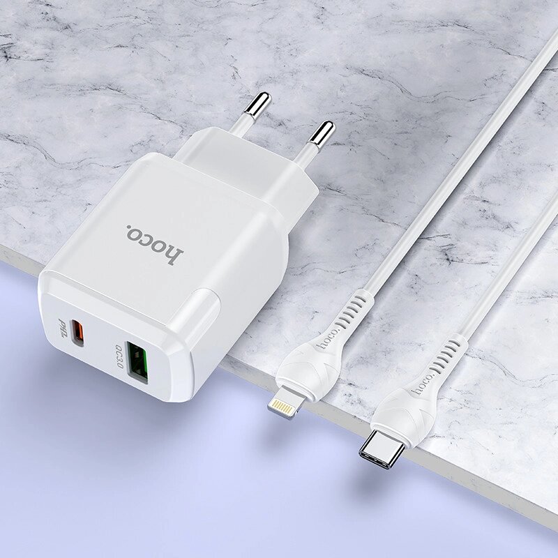 Адаптер сетевой HOCO Type-C to Lightning Cable Favor dual port N5 |1USB/1Type-C, PD20W/QC3.0, 3A| (Safety від компанії da1 - фото 1