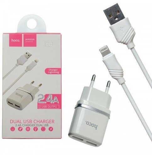 Адаптер живлення 2 USB Hoco C12 + Юсб кабель для iPhone набір білий 6957531047766 від компанії da1 - фото 1