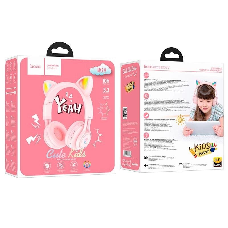 Дитячі бездротові навушники Hoco w39 Cat ear kids BT headphones pink 69314779243 від компанії da1 - фото 1