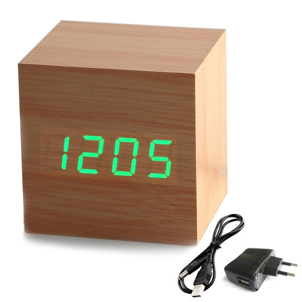 Годинник будильник з адаптером wood clock green від компанії da1 - фото 1