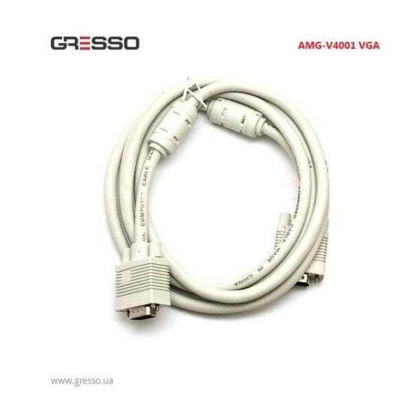 Кабель Gresso Vga 1.5m, модель V4001, male to male тато-тато, 2 ферити, білий, пакет від компанії da1 - фото 1