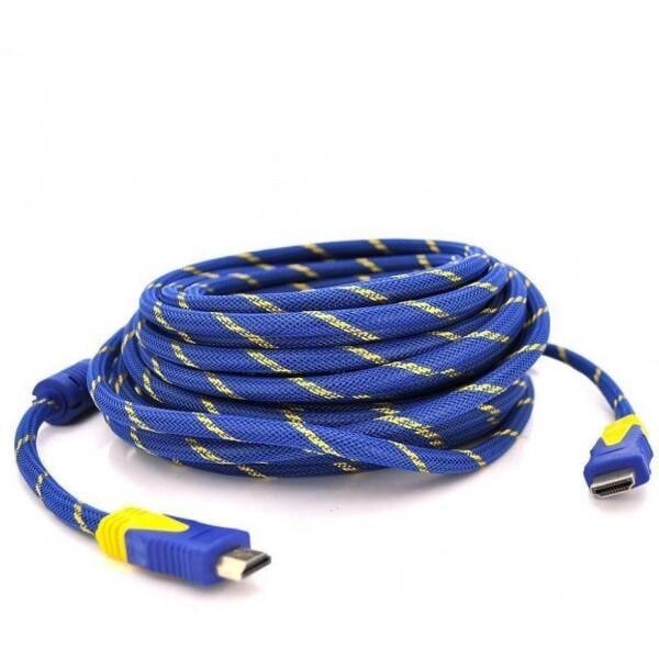 Кабель HDMI-HDMI 3.0m, v1.4, OD-8.0mm, 2 фільтри, обплетення, круглий Blue/Gold, конектор Blue, Пакет від компанії da1 - фото 1