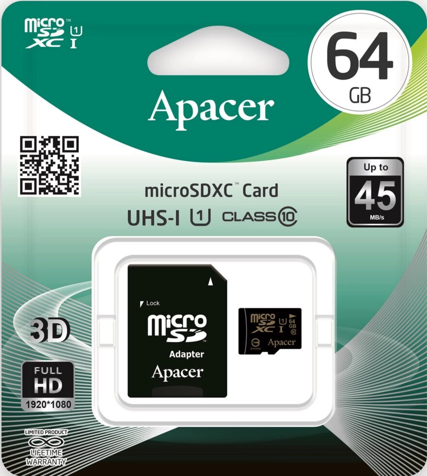 Карта пам'яті 64 GB C10 UHS-I APACER MicroSDXC AP64GMCSX10U1-R від компанії da1 - фото 1