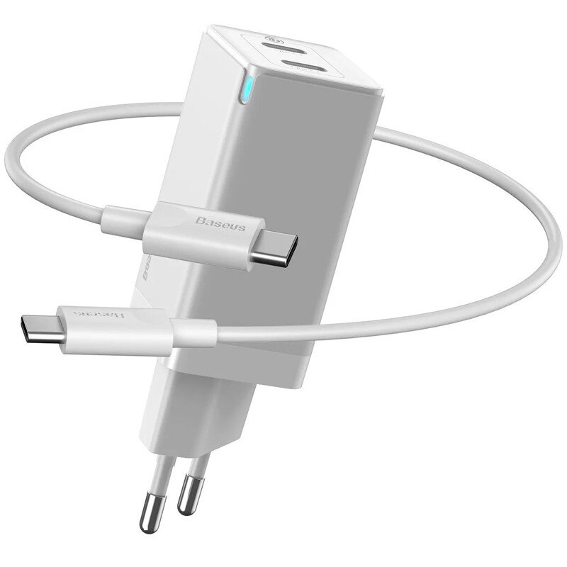 Мережевий зарядний пристрій Baseus GaN2 Q. Charger C+C 45W With Mini Cable Type-C toType-C 60W White CCGAN-M02 від компанії da1 - фото 1