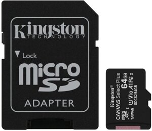 Карта пам'яті Kingston microSDXC Canvas Select Plus 64GB Class 10 UHS-I A1 W-10MB/s R-100MB/s +SD-ад