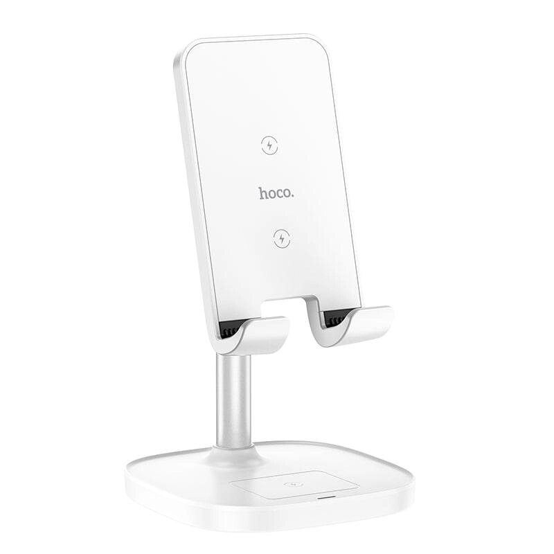 Зарядка Qi HOCO Thorough 2-in-1 stand with wireless fast charging CW37 5-15W біла від компанії da1 - фото 1