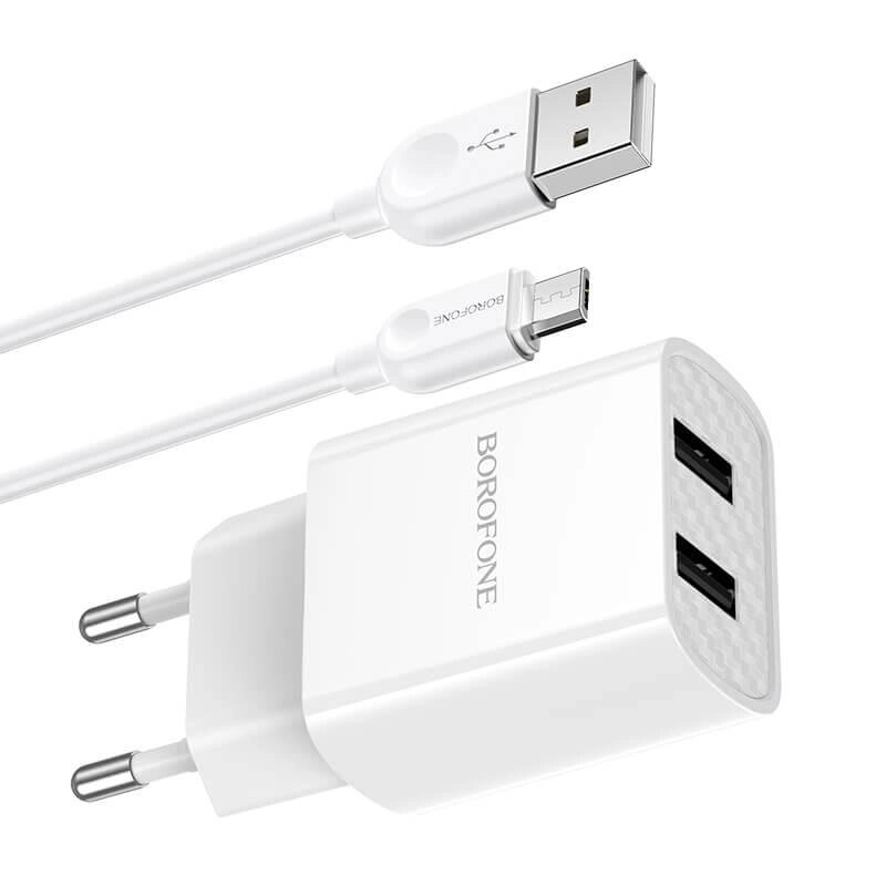 Зарядний набір — блок із кабелем BOROFONE Powerway dual port charger set BA53A Micro USB білий від компанії da1 - фото 1