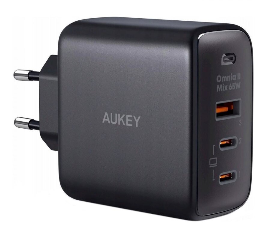 Зарядний пристрій — адаптер живлення 3 виходи 65 Вт — Aukey 65 W GaN Power Tech (PA-B6T) U + 2C від компанії da1 - фото 1