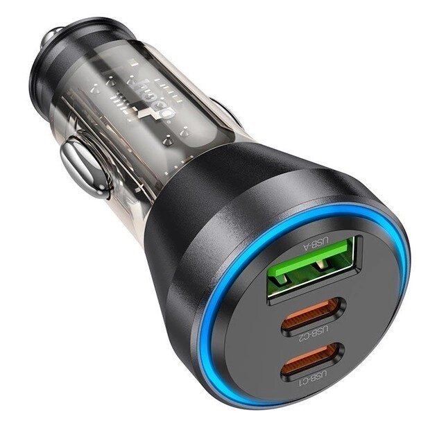 Зарядний пристрій авто Hoco NZ12D Lucky car charger 3 порти 2*Type-C + 1*USB 60 W чорно прозорий від компанії da1 - фото 1