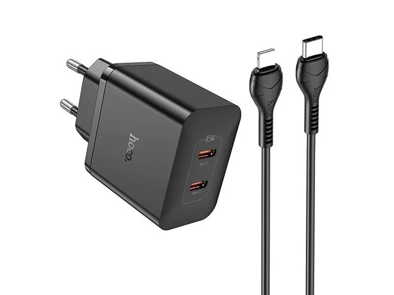 Зарядний пристрій комплект Hoco N35 2 виходи USB-C 45 W з кабелем C to iPhone black від компанії da1 - фото 1