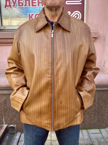 Куртка чоловіча шкіряна натуральна на блискавці коричнева в смужку