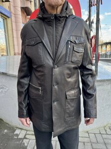 Куртка піджак чоловіча шкіряна натуральна зі знімним капюшоном
