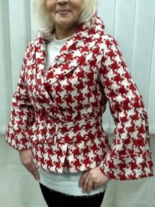 Піджак куртка жіночий демісезонний червоно-білий із поясом приталений рукав кльош гусяча лапка