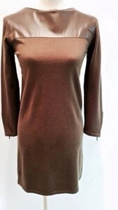 Плаття жіноче коричневе трикотажне зі шкірою вовняне довгий рукав