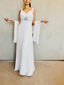 Вечірнє жіноче біле плаття довге в підлогу шовкове з палантином Весільна випускна яскрава