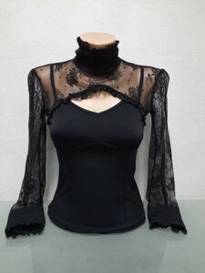 Жіноча чорна мереживна блуза ошатна з довгим рукавом модна універсальна американка під горло