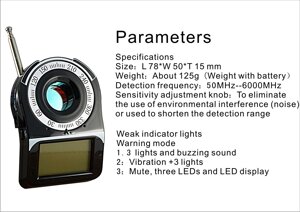 Портативний детектор-обнаружитель дротових і бездротових прихованих камер відеоспостереження (модель CC309)