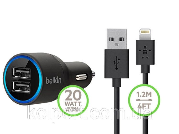 Belkin універсальний USB автомобільний адаптер 2.1A + шнур 2-USB iPhone від компанії Інтернет-магазин "Tovar-plus. Com. Ua" - фото 1