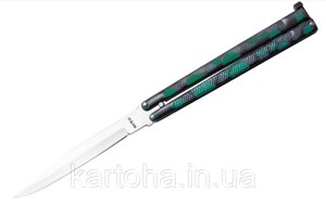 Балісонг, ніж метелик, тренувальна зброя для трюків (фліпперів), рукоять зелений камуфляж, філіппінський ніж