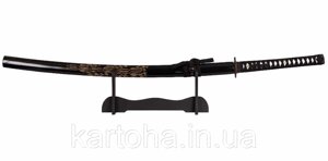 Японська катана Сінто, самурайська Katana меч, шнурівка на рукояті, в чорному кольорі "роіро", з підставкою