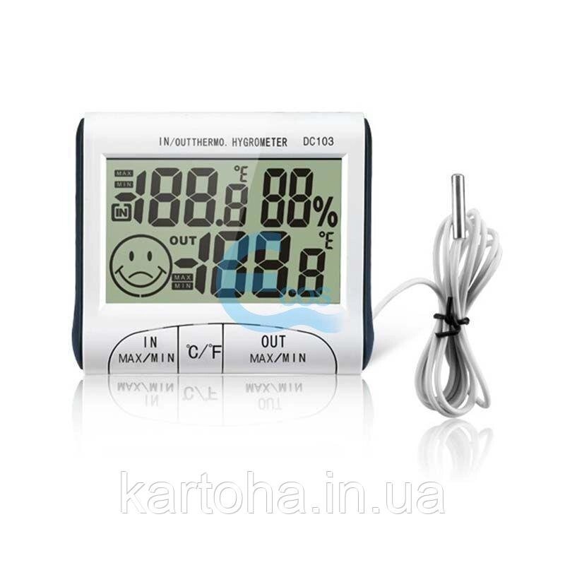 Портативний цифровий термометр з гігрометром і виносним датчиком, підставка на стіл, живлення від батарейки ААА від компанії Інтернет-магазин "Tovar-plus. Com. Ua" - фото 1