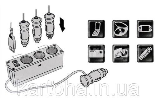 Розгалужувач автомобільний трійник WF-0120 з USB від компанії Інтернет-магазин "Tovar-plus. Com. Ua" - фото 1