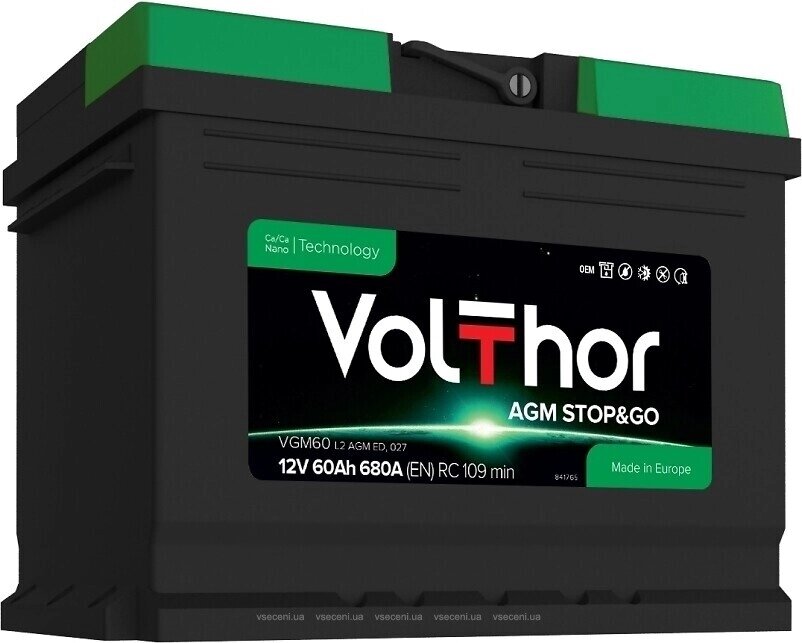 Акумулятор автомобільний VolThor VGM60 L2 AGM ED, 027 (Stop&Go, AGM, 12V, 60Ah, 680A (EN) RC 109 min, Euro, 175*190*242  від компанії CD-Market - фото 1