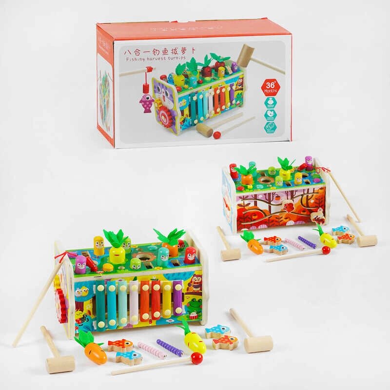 Ігровий центр C 60241 “Котик”, дерев’яний, ксилофон, годинник, магнітна гра, стукалка, пальчикові ігри, у коробці від компанії CD-Market - фото 1