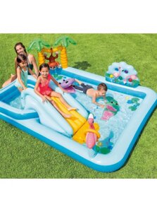 Дитячий надувний ігровий центр Intex 57161 «Пригоди в джунглях» (Водна гірка з басейном, гра в кільця та шарики,