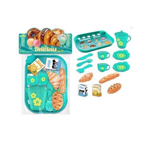 Набір продуктів 99013 таця, 2 чашки, 2 блюдця, чайничок, ніж, ложка, вилка, круасан, багет, хліб, коробочки з молоком і