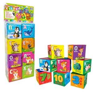 Кубики 40413 "4FUN Game Club", "Тварини", 6 штук, м'які, водонепроникна тканина, літери, геометричні фігури, в пакеті