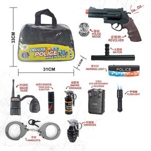 Поліцейський набір HSY 201-1 підсвічування, звуковий сигнал, маячок, ліхтарик, нагрудна камера, механічний пістолет,