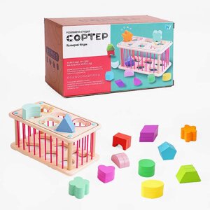 Логічна гра C 60434 "WToys", 2 геометричних сортери, стінки з резинок, 12 дерев’яних фігурок, в коробці [Склад