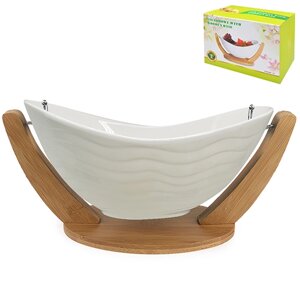Фруктівниця порцеляна на бамбуковій підставці "White Classic" 14" (35*19*17см) Stenson (MC3652-14) [Склад зберігання: