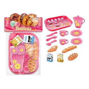 Набір продуктів 99007 таця, 2 чашки, 2 блюдця, чайничок, ніж, ложка, вилка, круасан, багет, хліб, коробочки з молоком і