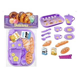 Набір продуктів 99001 таця, 2 чашки, 2 блюдця, чайничок, ніж, ложка, вилка, круасан, багет, хліб, коробочки з молоком і