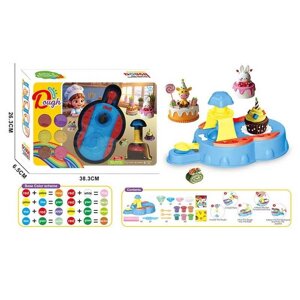 Тісто для ліплення 9028 прес, довжина - 22 см, тісто у 6ти кольорах, тарілочка, форми, виделка, ложка, 2 ножі, в