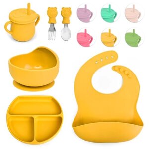 Посуд дитячий силіконовий 6пр/наб (виделка, ложка, чашка з соломинкою, слинявчик, тарілки 2шт) Stenson MA-4906 [Склад