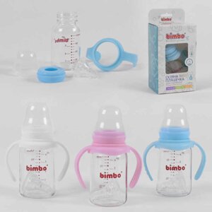 Пляшка скляна 55870 з силіконовою соскою, "BIMBO", 120 мл, 3 кольори, 1шт в коробці [Склад зберігання: Одеса №4]