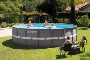 Каркасний басейн Intex 26330 (132*549 см., об'єм: 26423 л., пісочний фільтр-насос 7900 л/год, драбина, тент, підстилка,