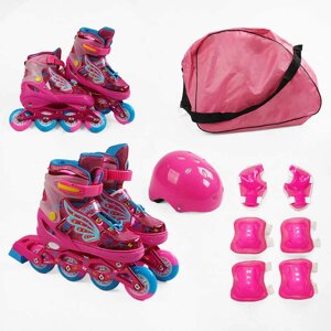 Ролики с захистом SC-91300 М розмір 35-38 колір РОЖЕВИЙ, колеса PU, ПЕРЕДНЄ КОЛЕСО СВІТЛО, устілка 21-24 см, d колес –