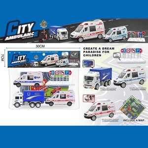 Набір машин JW 567-049 (96/2) “City Ambulance”, інерція, 3 машинки, килимок, в пакеті [Склад зберігання: Одеса №4]