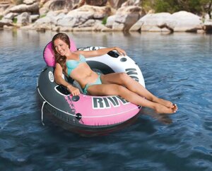 Надувне коло-крісло Intex 56824 «River Run» (Ø135 см, ручки, спинка, сітка на дні, підсклянники, мотузка, серія Sports,