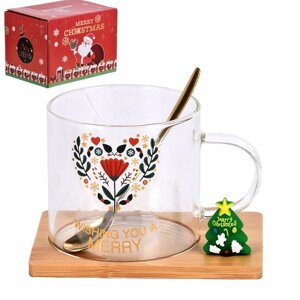 Чашка новорічна на бамбуковій підставці з ложкою "Christmas Magic" 250мл Stenson R100361 [Склад зберігання: Одеса №3]