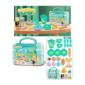 Набір продуктів 99025 25 елементів, 2 чашки, 3 блюдця, чайничок, ніж, ложка, вилка, смаколики, коробочки з напоями, в